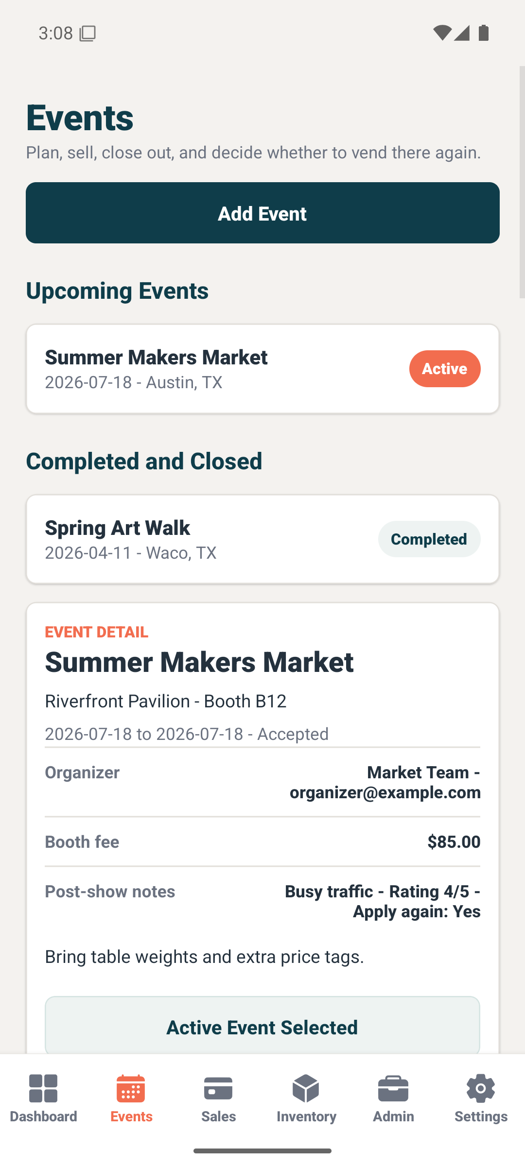 CraftApp events list